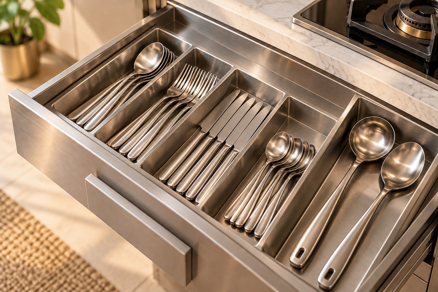 Stainless steel drawer with a divided steel insert of spoons, forks, knives and serving ladles