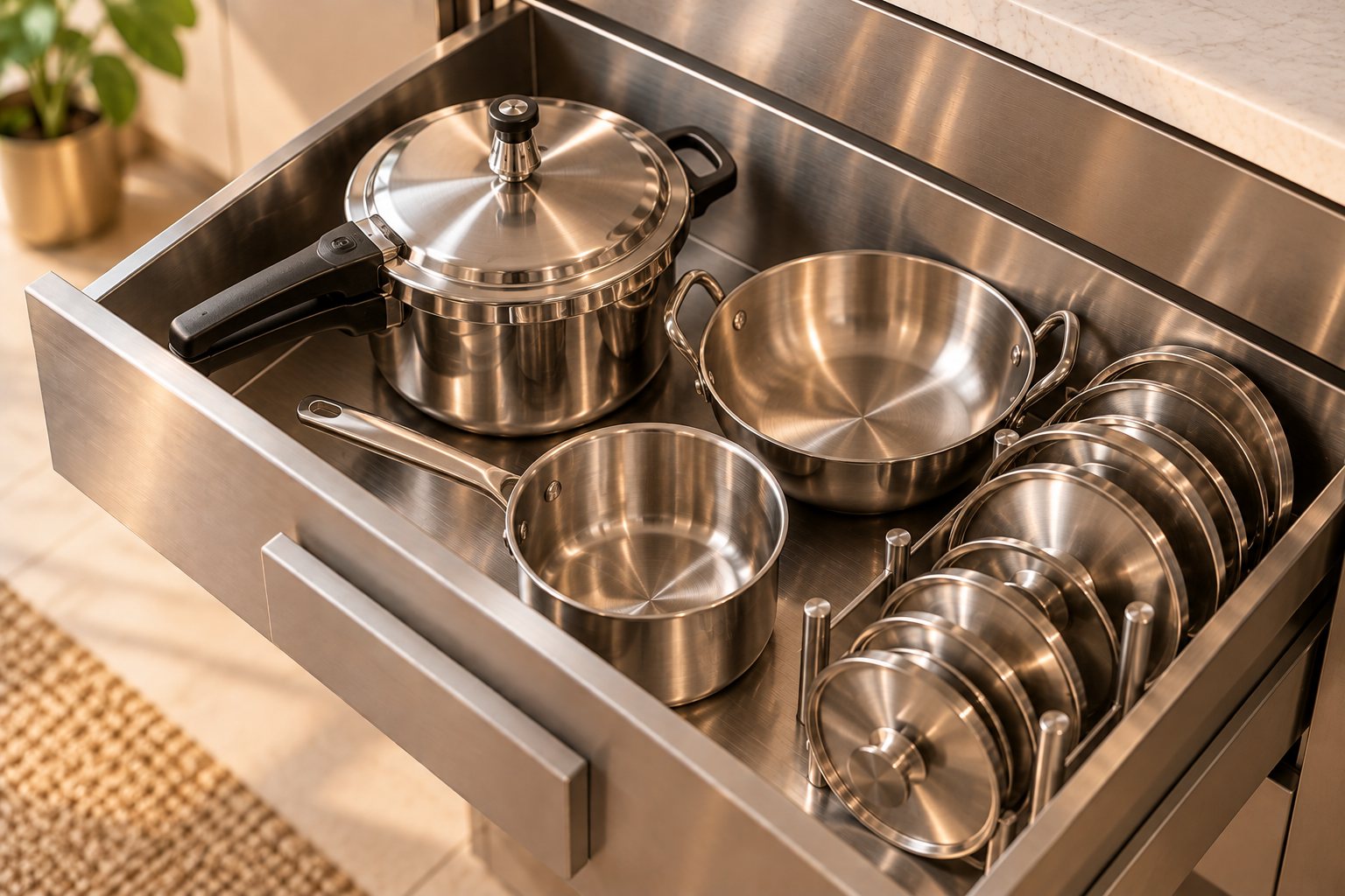 Deep stainless steel drawer holding a pressure cooker, kadai, saucepan and lids in a peg rack