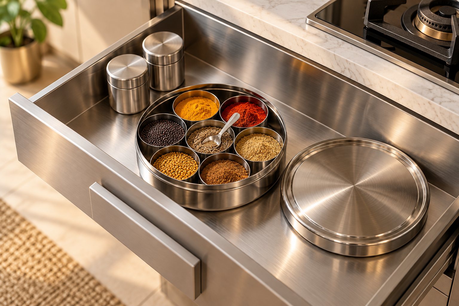 Stainless steel drawer holding a round masala dabba of seven spices, its lid and two steel spice jars