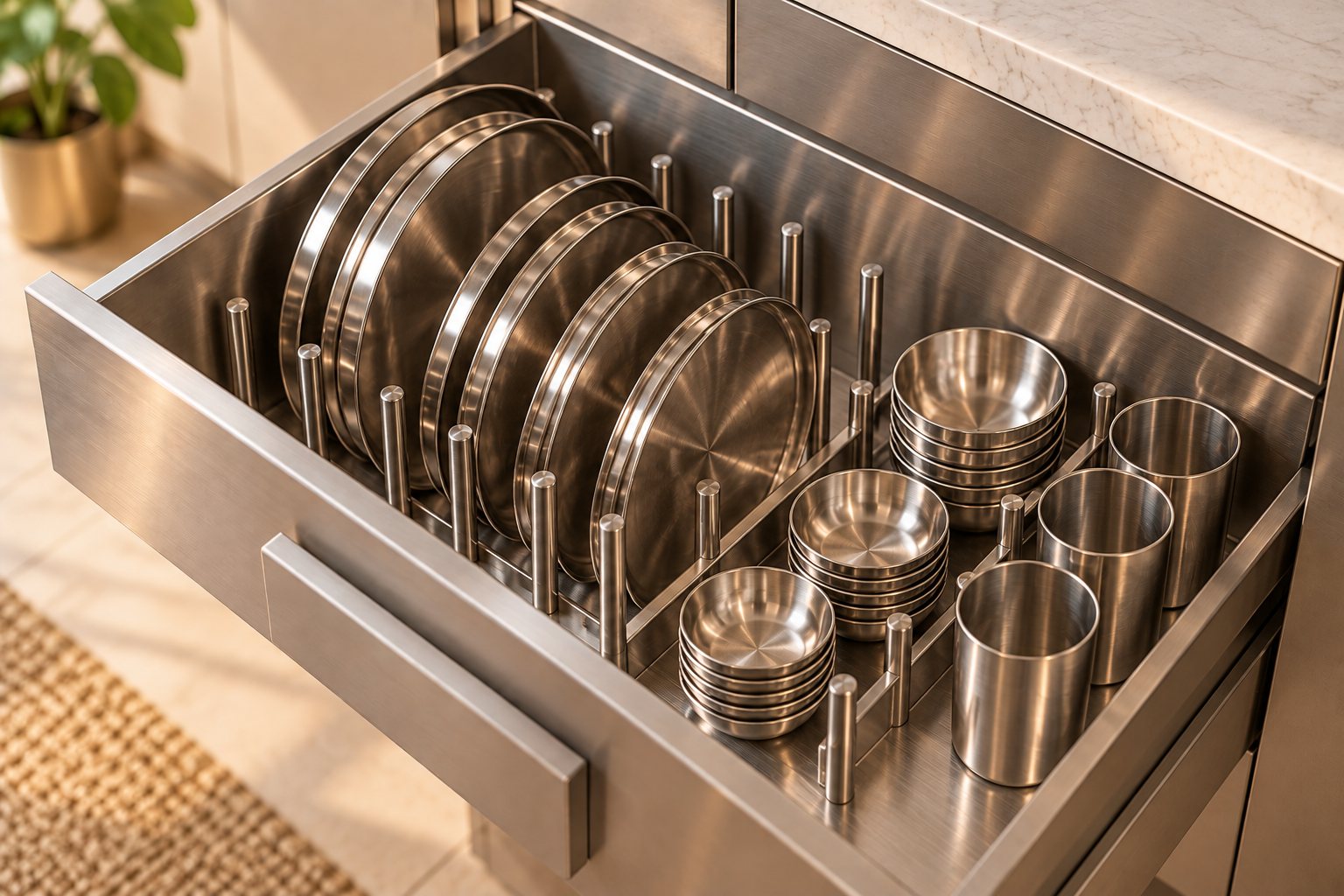 Stainless steel drawer with steel thalis standing in a peg rack beside stacked katoris and tumblers
